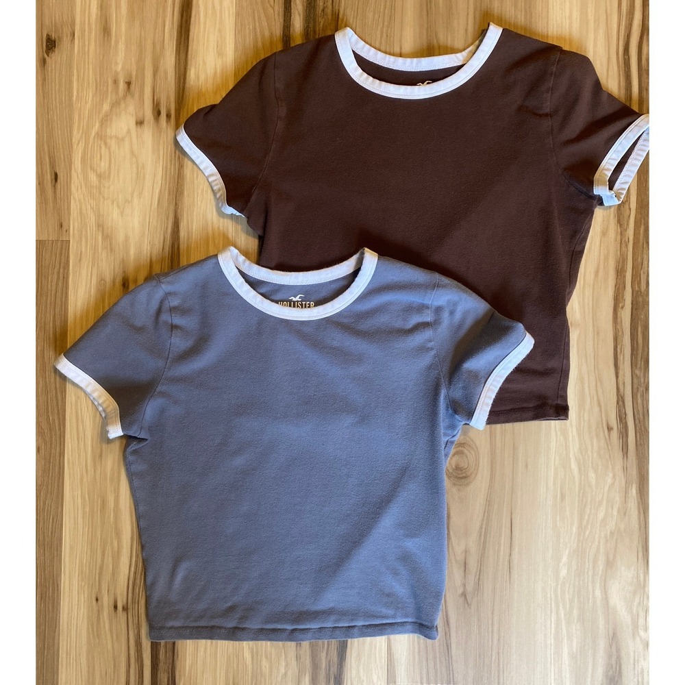 Hollister Must-Have Collection Baby Tee Ringer Shirt Bundle Brown Blue Small